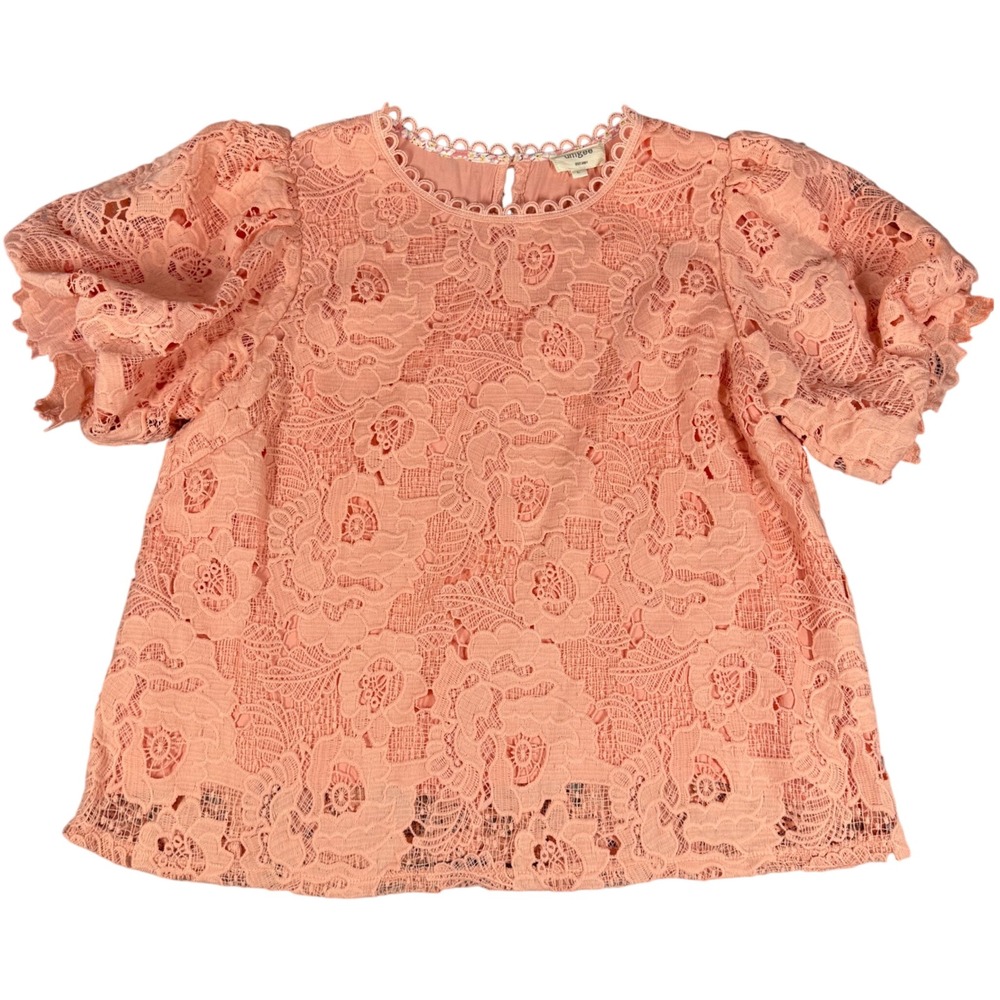 Umgee Women Coral Pink Floral Lace Puff Sleeve Top Scalloped Blouse Large K8673